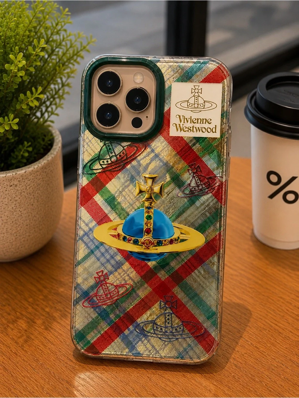 Vivienne Westwood Multicolor Plaid iPhone Case with Gold & Blue Orb Accent